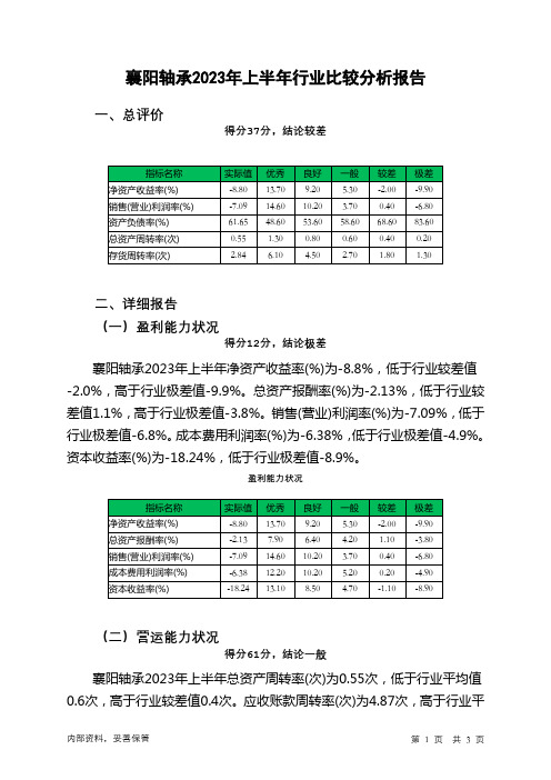 000678襄阳轴承2023年上半年行业比较分析报告