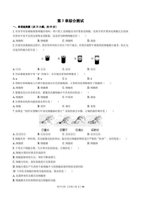 北师大版生物七年级上册：第3章综合测试(含答案)