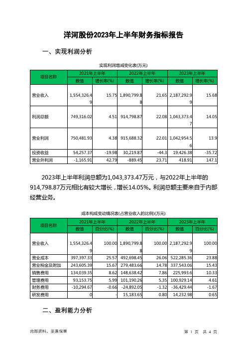 002304洋河股份2023年上半年财务指标报告