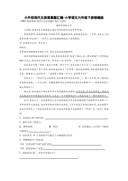 小升初现代文阅读真题汇编-2022-2023学年语文六年级下册(部编版)