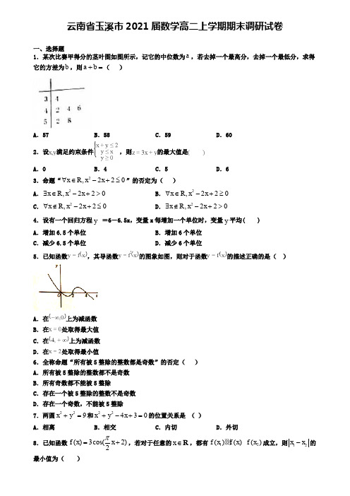 云南省玉溪市2021届数学高二上学期期末调研试卷