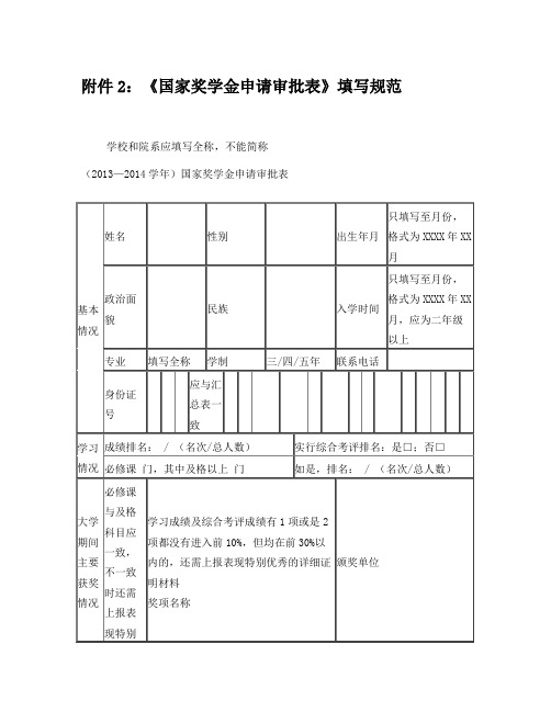 《国家奖学金申请审批表》填写规范