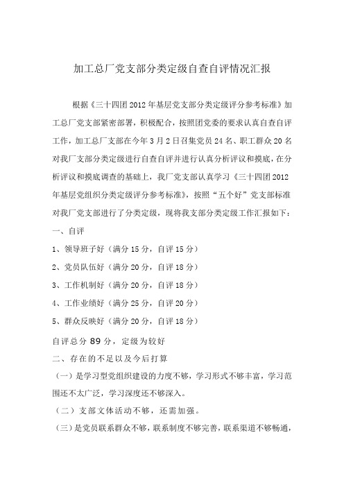 加工总厂党支部分类定级自查自评情况汇报