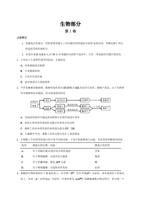 2018天津高考理综生物部分试题及答案