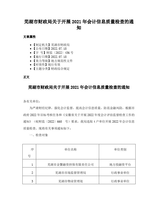 芜湖市财政局关于开展2021年会计信息质量检查的通知