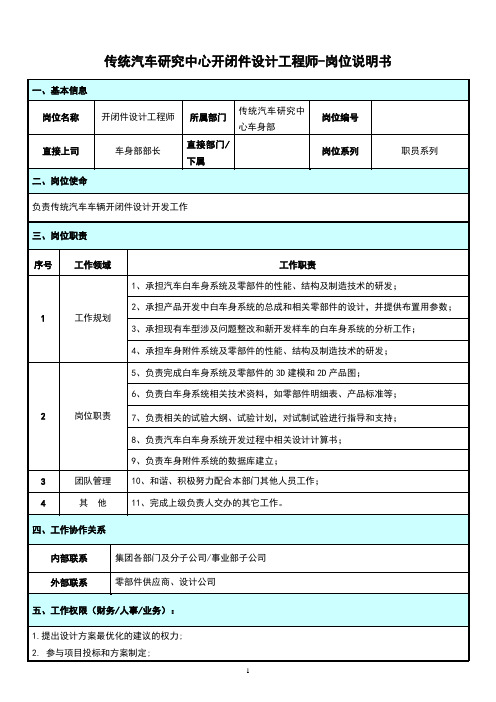 开闭件设计工程师岗位说明书