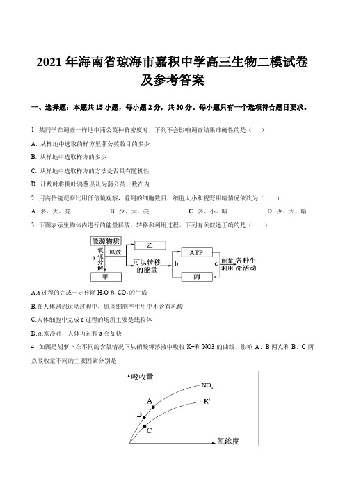 2021年海南省琼海市嘉积中学高三生物二模试卷及参考答案