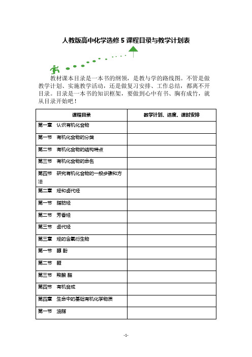 人教版高中化学选修5课程目录与教学计划表