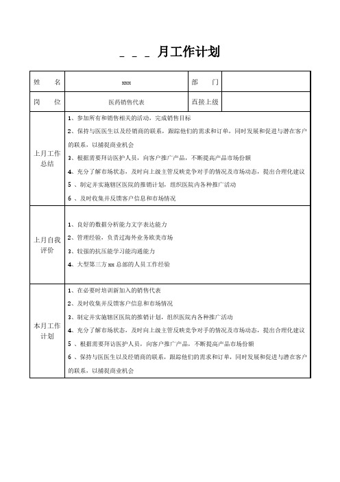 医药销售代表月工作计划