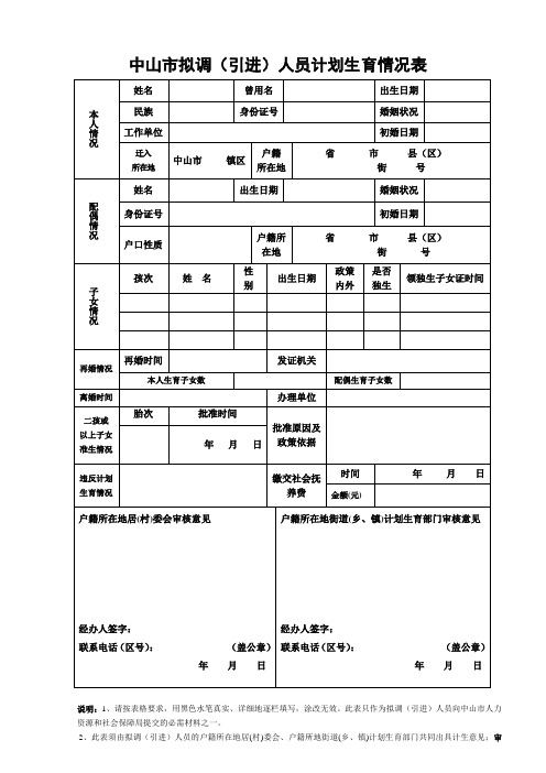 拟调(引进)人员计划生育情况表