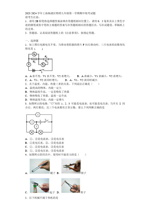 2023-2024学年上海杨浦区物理九年级第一学期期中统考试题含解析