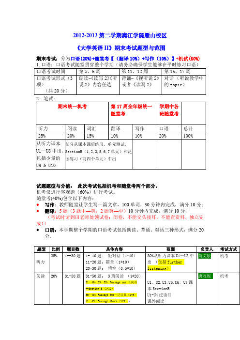 《大学英语II》期末考试题型与范围