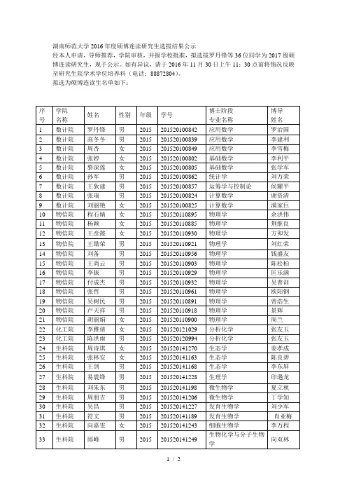 湖南师范大学年度硕博连读研究生选拔结果公示