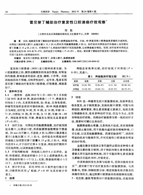 雷尼替丁辅助治疗复发性口腔溃疡疗效观察