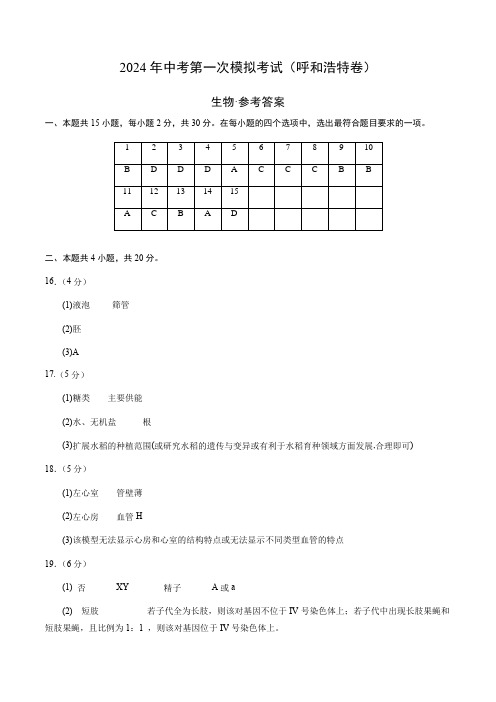 生物(呼和浩特卷)(参考答案及评分标准)