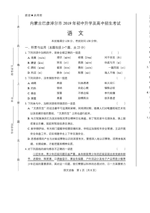 2019年内蒙古巴彦淖尔市中考语文试卷含答案