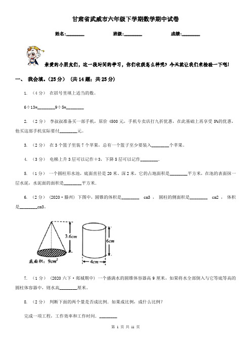 甘肃省武威市六年级下学期数学期中试卷