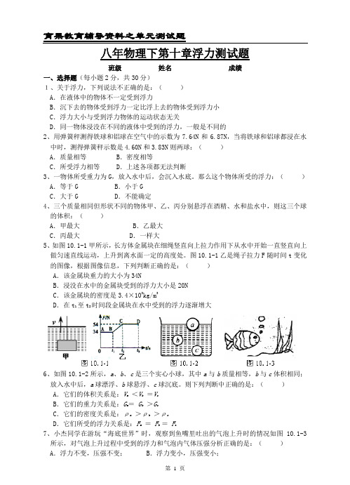 八年物理(下)第十章：浮力 测试题附答案