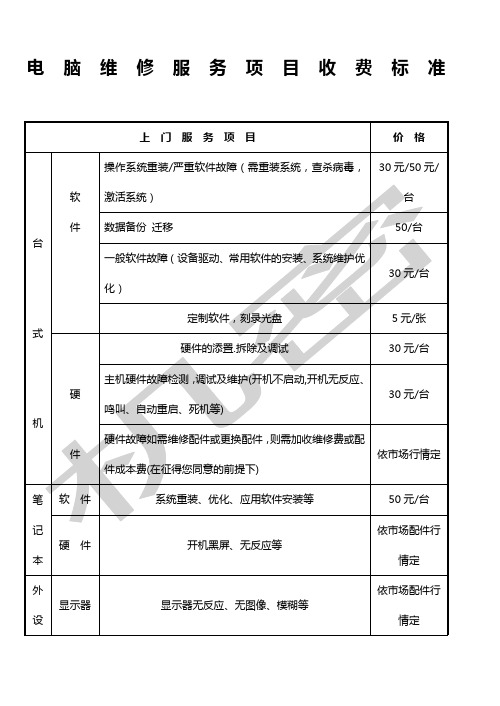 电脑维修服务项目收费标准