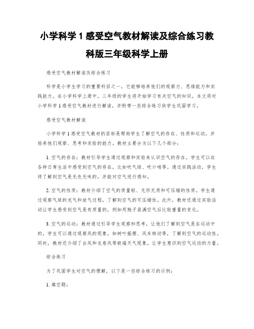 小学科学1感受空气教材解读及综合练习教科版三年级科学上册