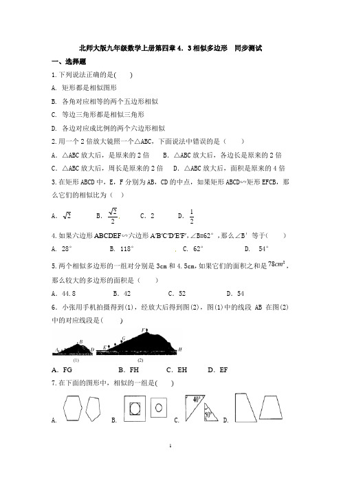 北师大版九年级数学上册第四章4.3相似多边形 同步测试(含答案)