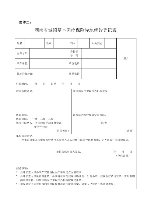 湖南省城镇基本医疗保险异地就诊登记表