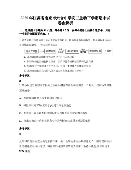 2020年江苏省南京市六合中学高三生物下学期期末试卷含解析