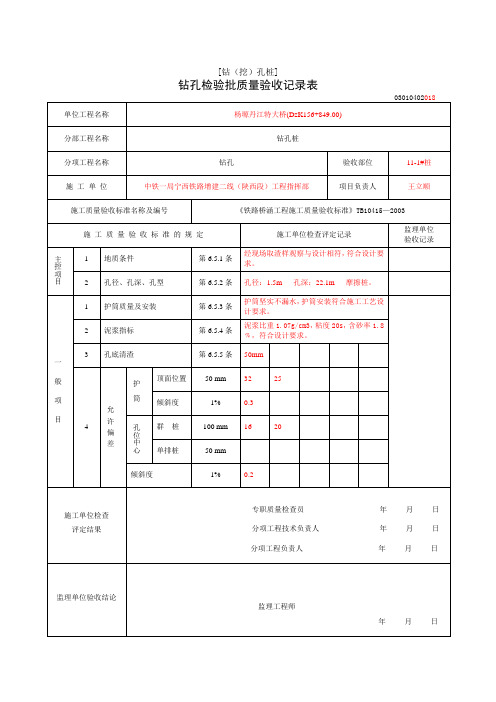 钻孔桩检验批质量验收记录表(铁道部统一格式)