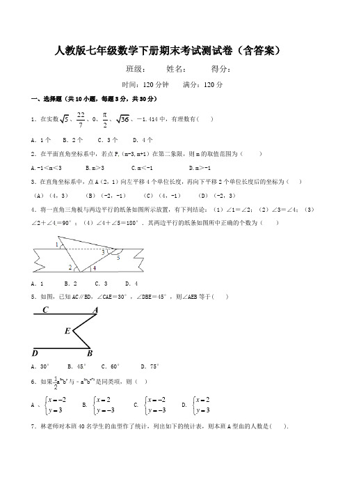 人教版七年级数学下册期末考试测试卷(含答案)