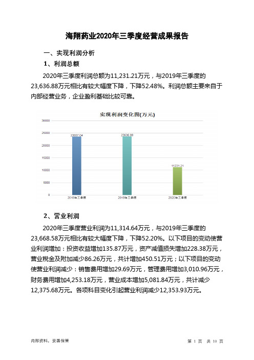 海翔药业2020年三季度经营成果报告