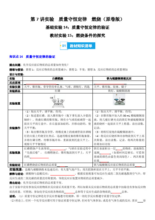 第7讲 质量守恒定律的验证  燃烧条件的探究-备战2024年中考化学一轮复习重点实验(原卷版)