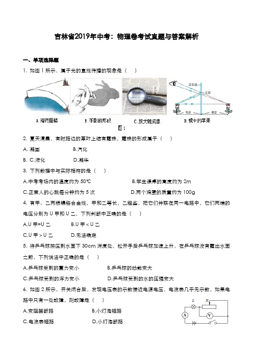 吉林省2019年中考：物理卷考试真题与答案解析