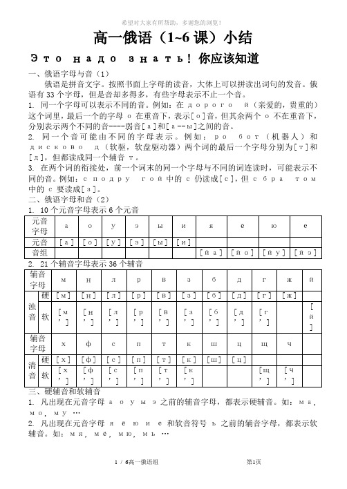 单县五中高一俄语1-6课总结