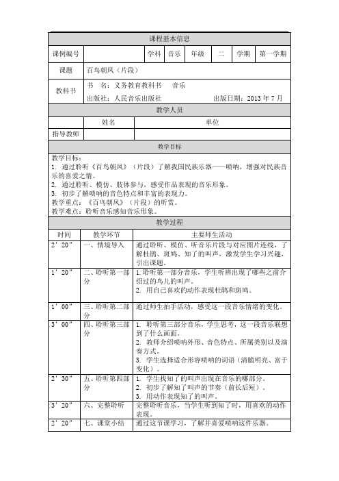 二年级【音乐(人音全国版)】百鸟朝凤(片段)-1教学设计