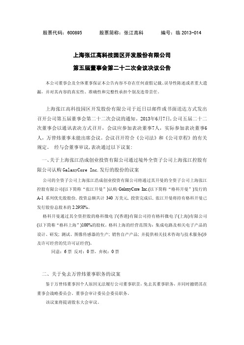 600895张江高科第五届董事会第二十二次会议决议公告