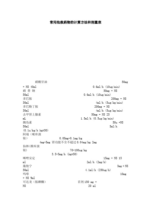 常用抢救药物的计算方法和剂量表