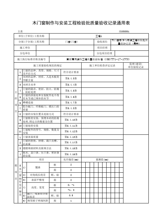 木门窗制作与安装工程检验批质量验收记录通用表