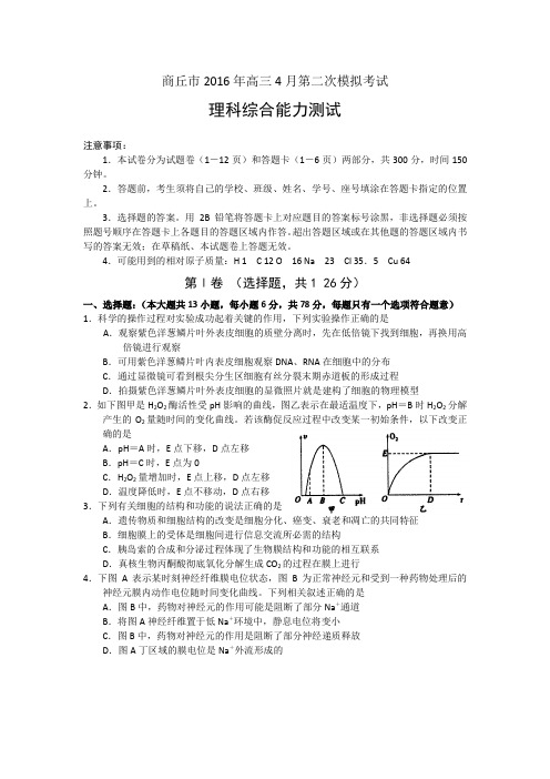 河南商丘市2016高三年级4月第二次模拟考试理综试题 word含答案
