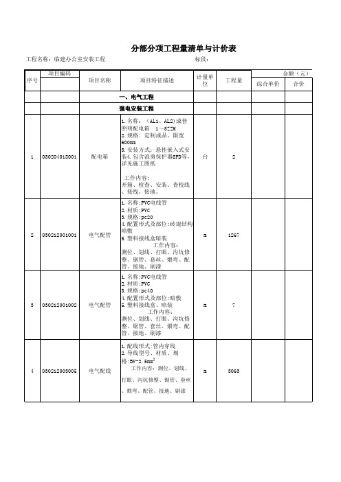 临建办公室电气设备安装工程量清单