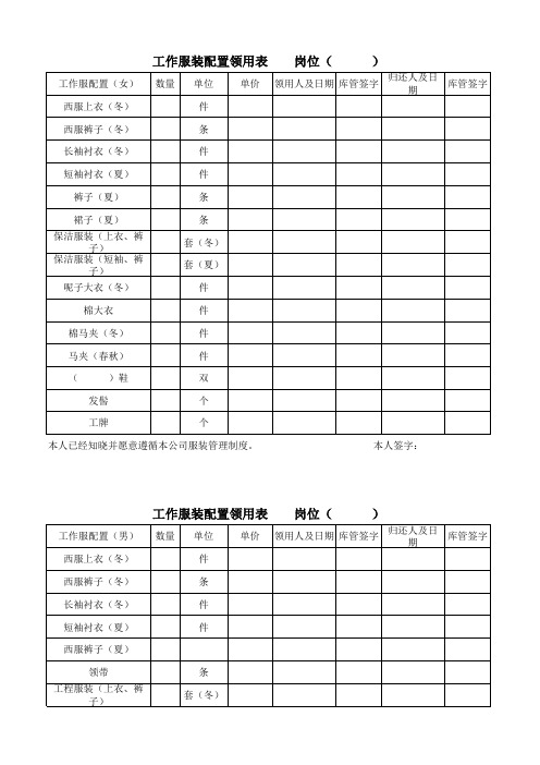 工作服装领用退换登记表