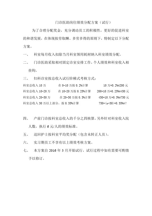 门诊医助岗位绩效分配方案