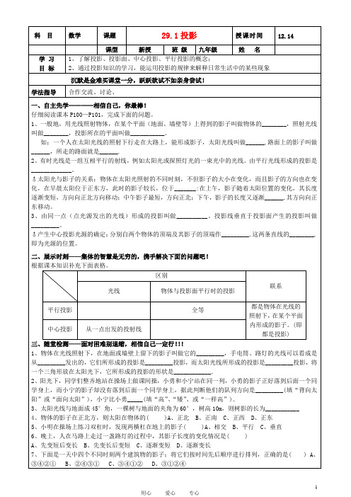 九年级数学下册 29.1投影导学案 人教新课标版