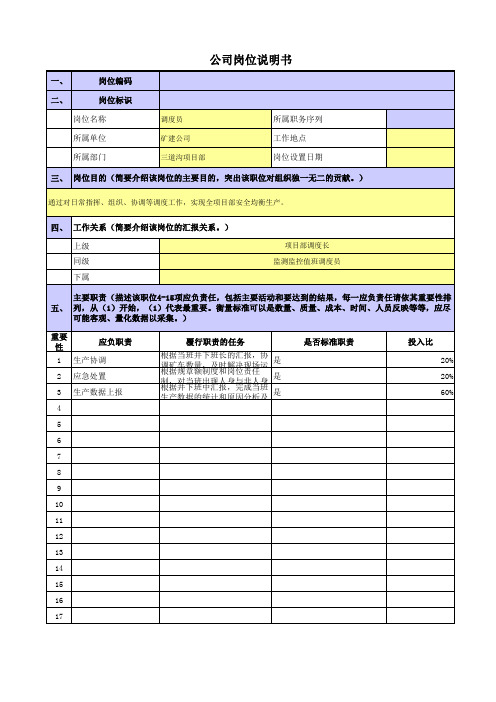 央企煤炭矿建公司岗位职责梳理表项目部调度员