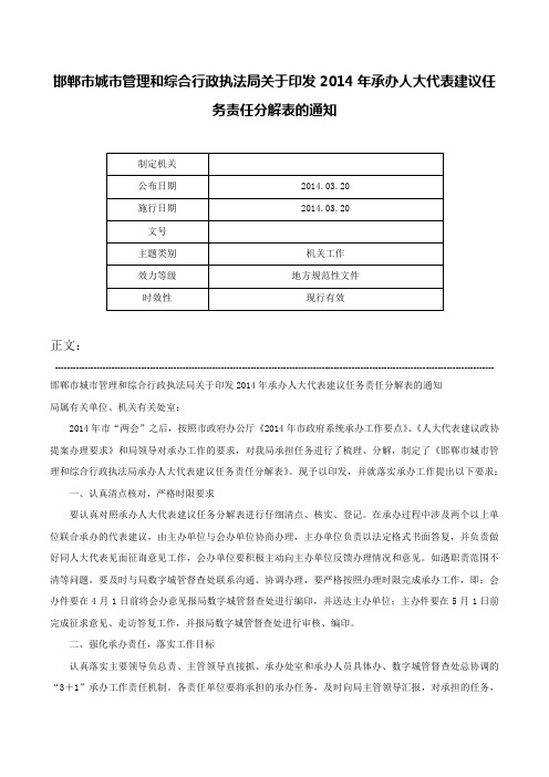 邯郸市城市管理和综合行政执法局关于印发2014年承办人大代表建议任务责任分解表的通知-