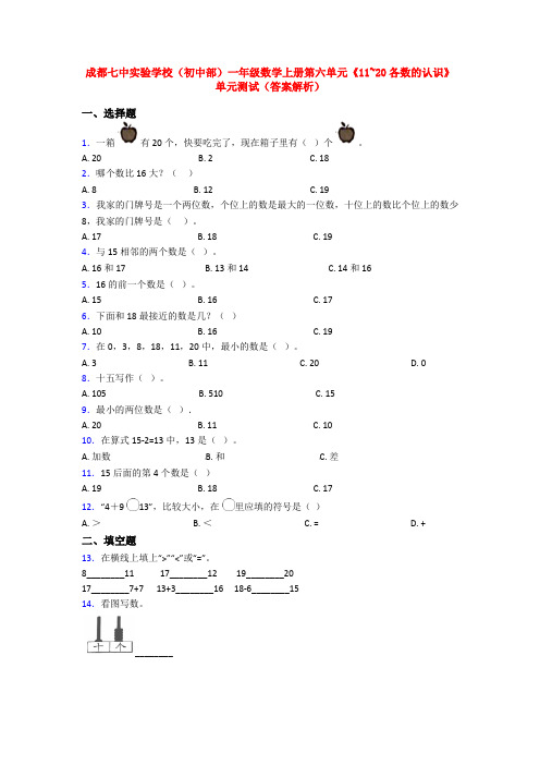 成都七中实验学校(初中部)一年级数学上册第六单元《11~20各数的认识》单元测试(答案解析)