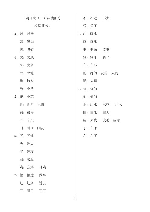 一年级词语表上册