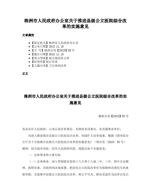 株洲市人民政府办公室关于推进县级公立医院综合改革的实施意见