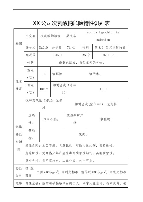 XX公司次氯酸钠危险特性识别表