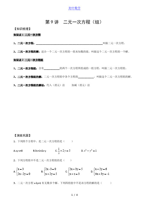 北师大版八年级上册数学上册第五章《二元一次方程组》提高复习资料：第9讲  二元一次方程(组)