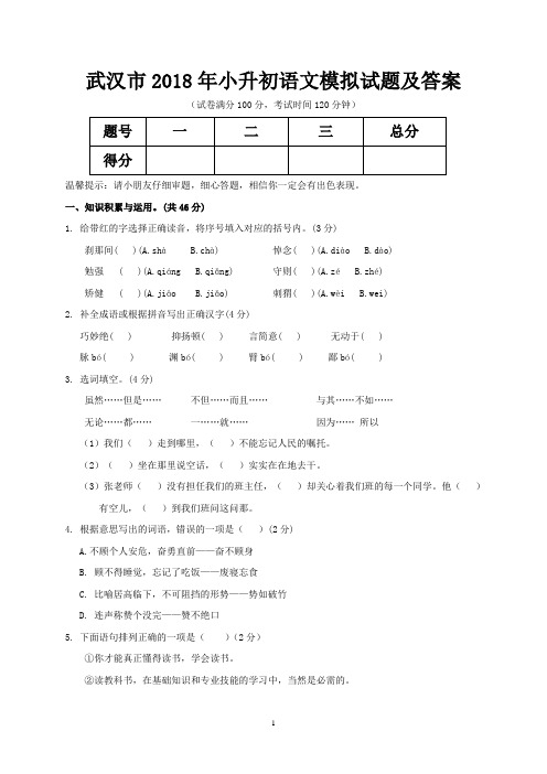 武汉市2018年小升初语文模拟试题及答案